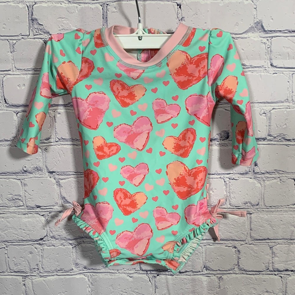 Ruffle Butts Baby Girls Long Sleeve Swim Suit Heart Pink & Blue Size 3-6M Beach
